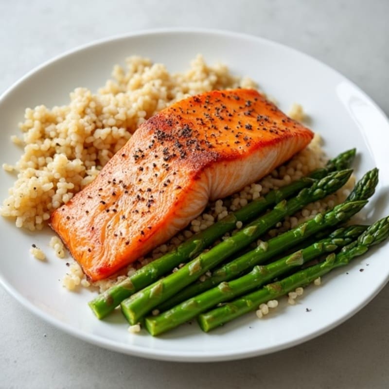 Seared Salmon with Brown Rice and Steamed Asparagus