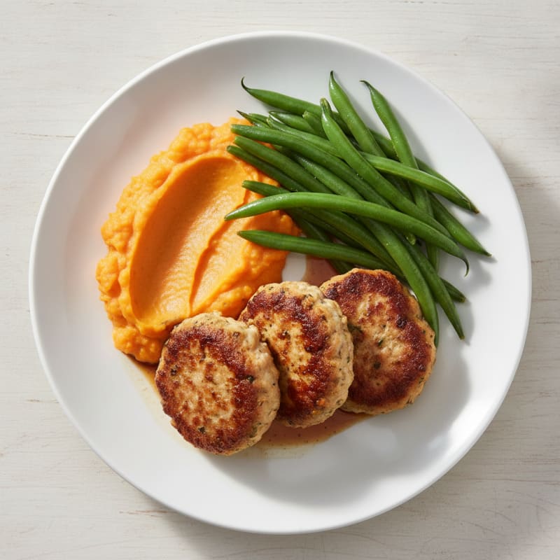 Seared Turkey Patties with Steamed Green Beans and Sweet Potato Mash
