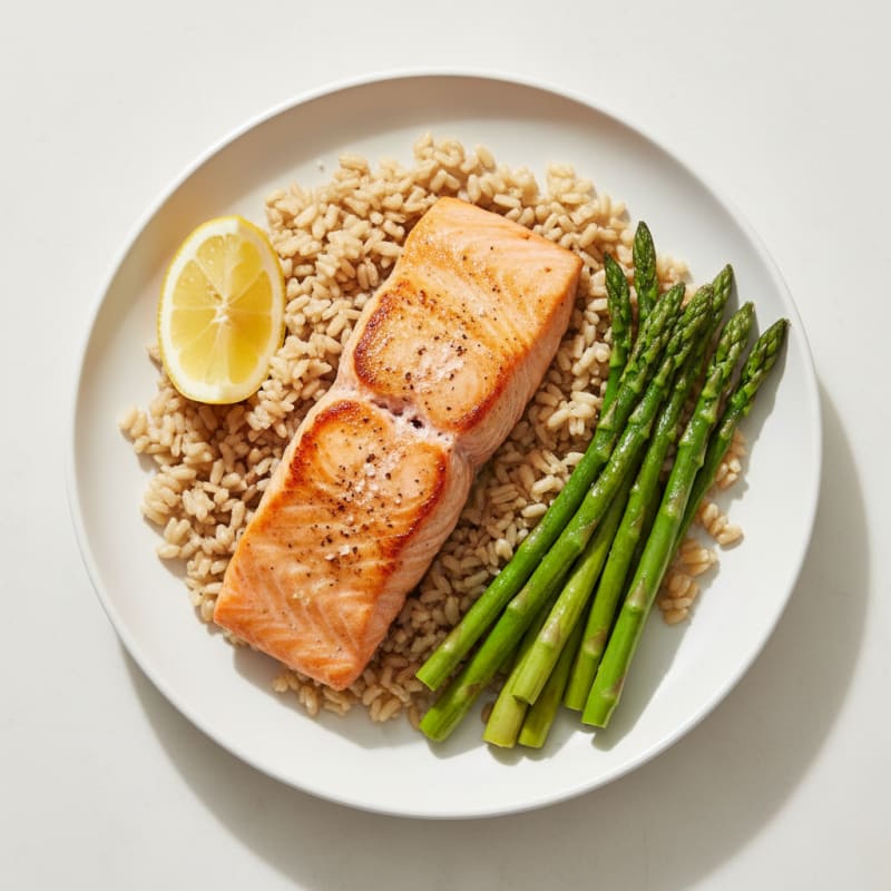 Seared Salmon Fillet with Steamed Asparagus and Brown Rice