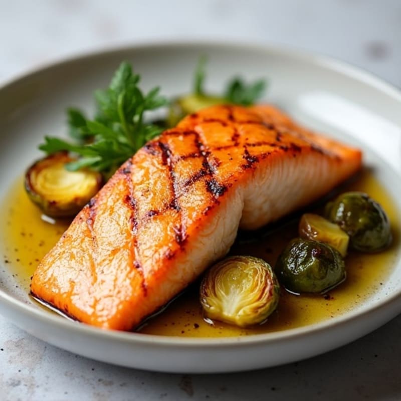 Crispy Pan-Seared Salmon with Garlic-Roasted Brussels Sprouts