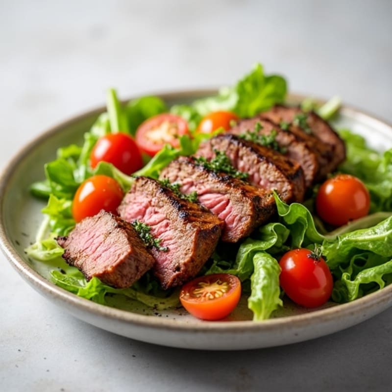 Grilled Lean Beef Steak Salad with Crunchy Romaine and Cherry Tomatoes