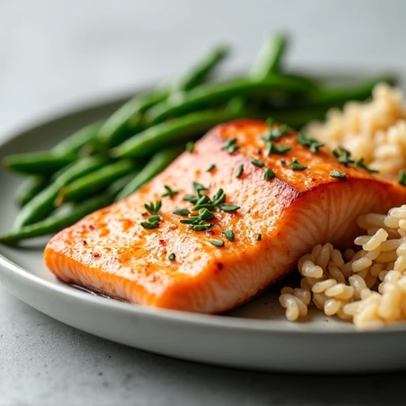 Seared Salmon Fillet with Garlic Green Beans and Brown Rice