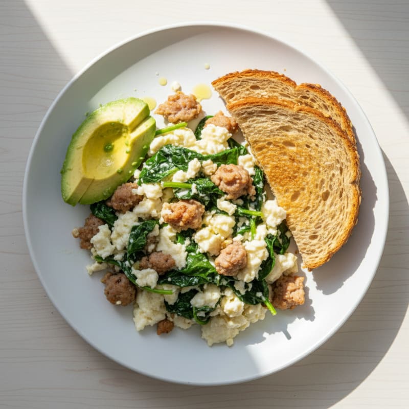 Egg White Spinach Scramble with Turkey Sausage
