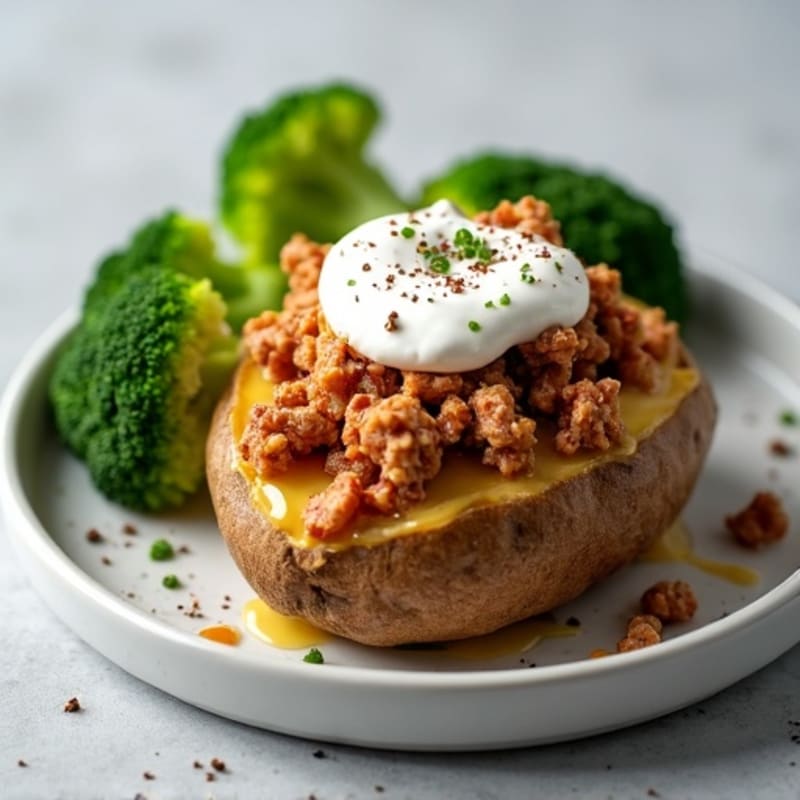 Loaded Crispy Baked Potato with Lean Ground Turkey, Steamed Broccoli, and Creamy Greek Yogurt