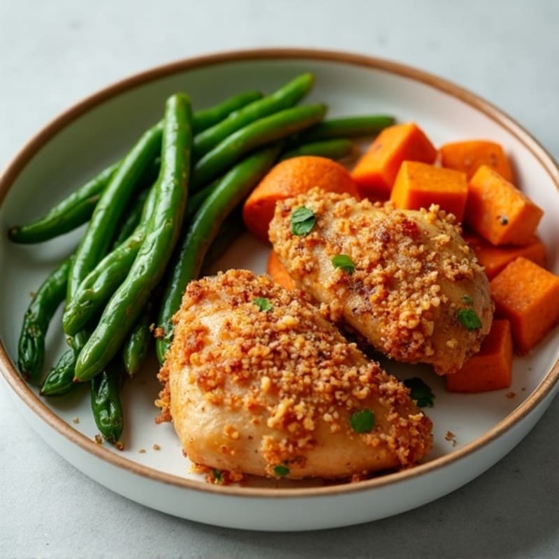 Crispy Baked Chicken Thighs with Roasted Sweet Potato Fries and Garlicky Green Beans