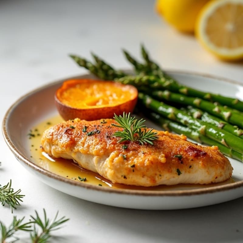 Crispy Lemon-Herb Chicken with Roasted Asparagus and Sweet Potatoes