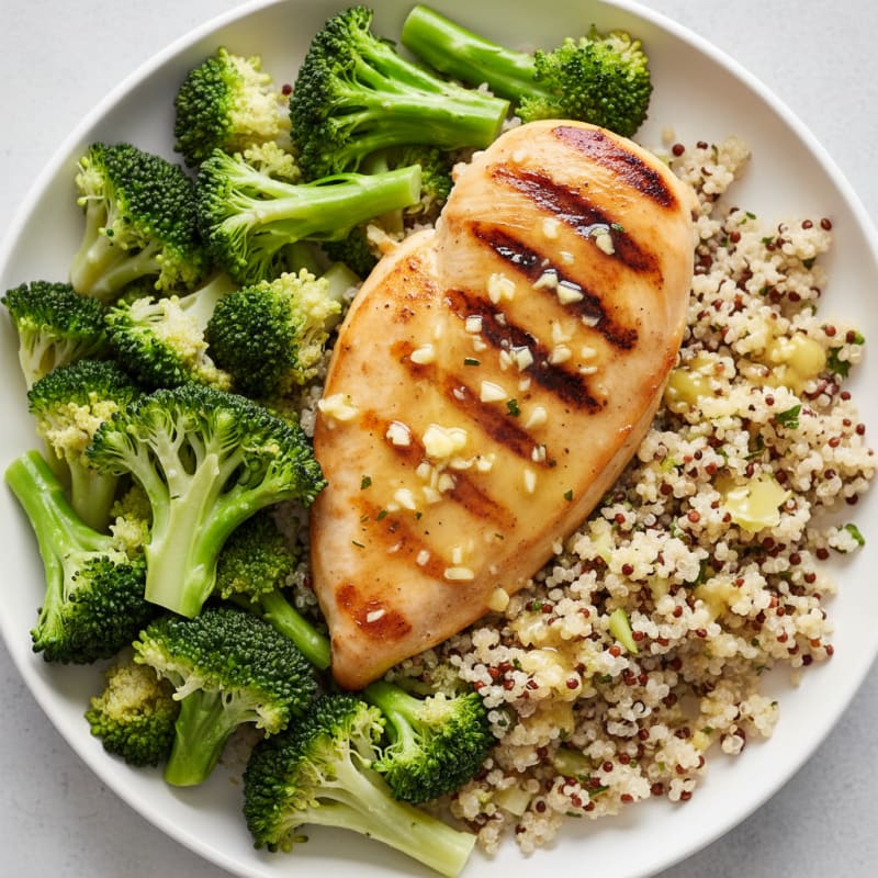 Grilled Lemon Garlic Chicken Breast with Quinoa and Steamed Broccoli