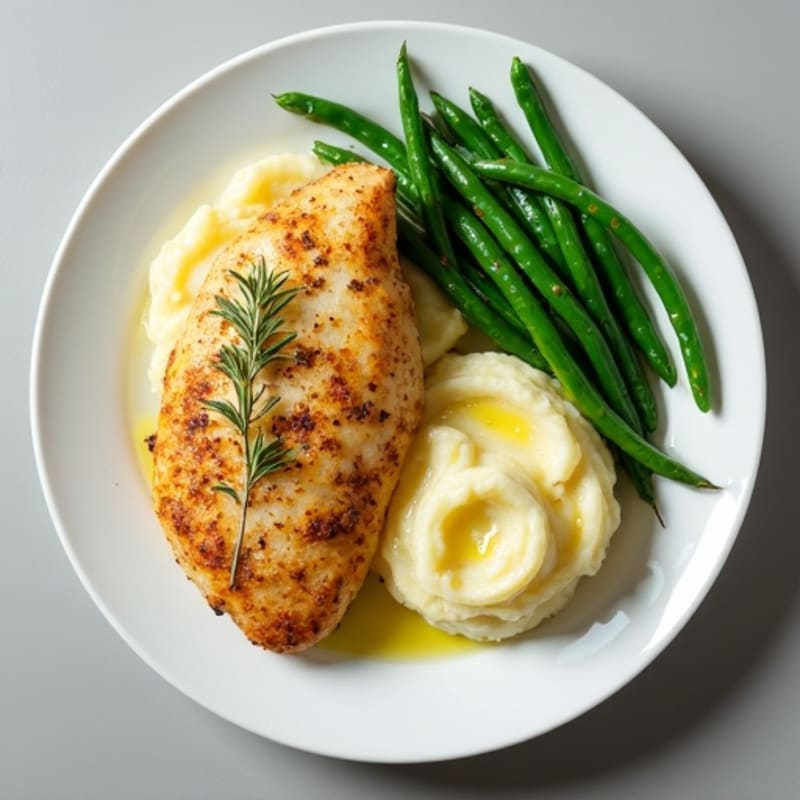 Lemon Herb Roasted Chicken with Creamy Garlic Mashed Potatoes and Crispy Green Beans