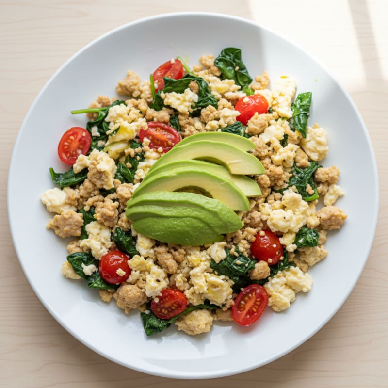 Turkey Egg White Scramble with Spinach and Tomatoes