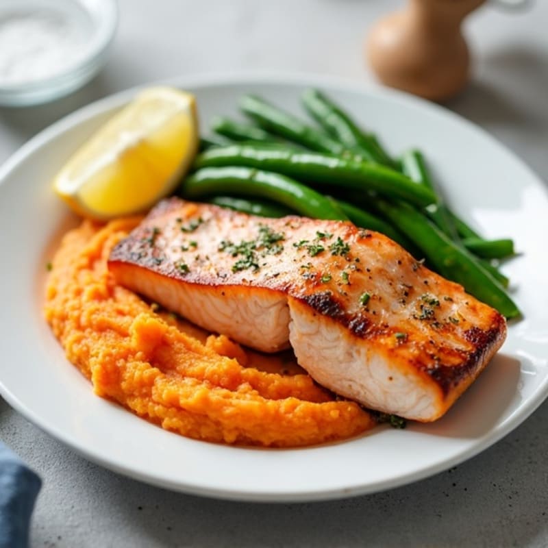 Seared Salmon Fillet with Steamed Green Beans and Sweet Potato Mash