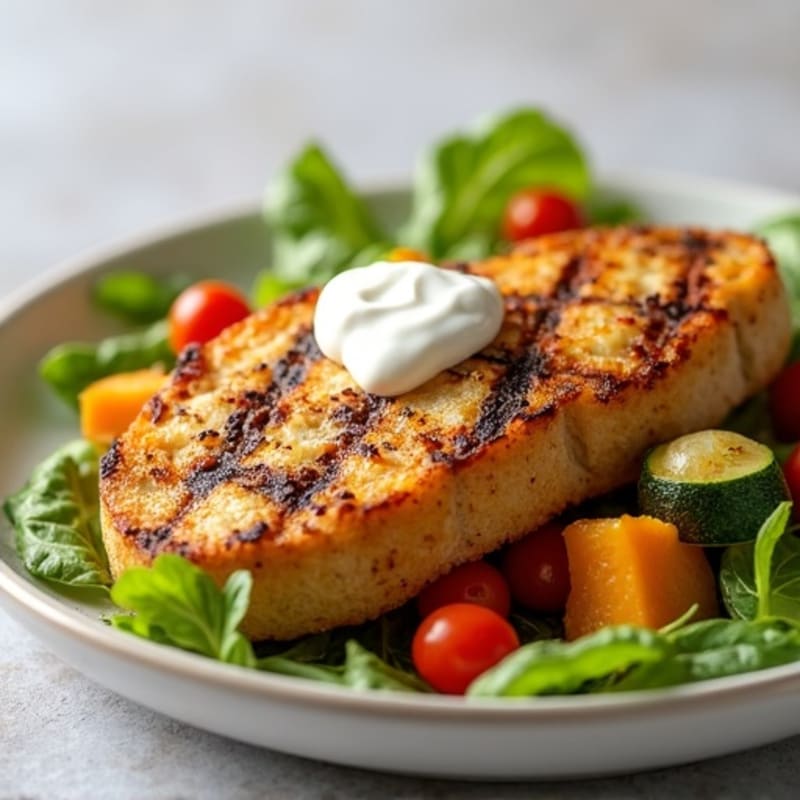 Grilled Chicken Breast with Roasted Pumpkin and Mixed Vegetables on Sourdough