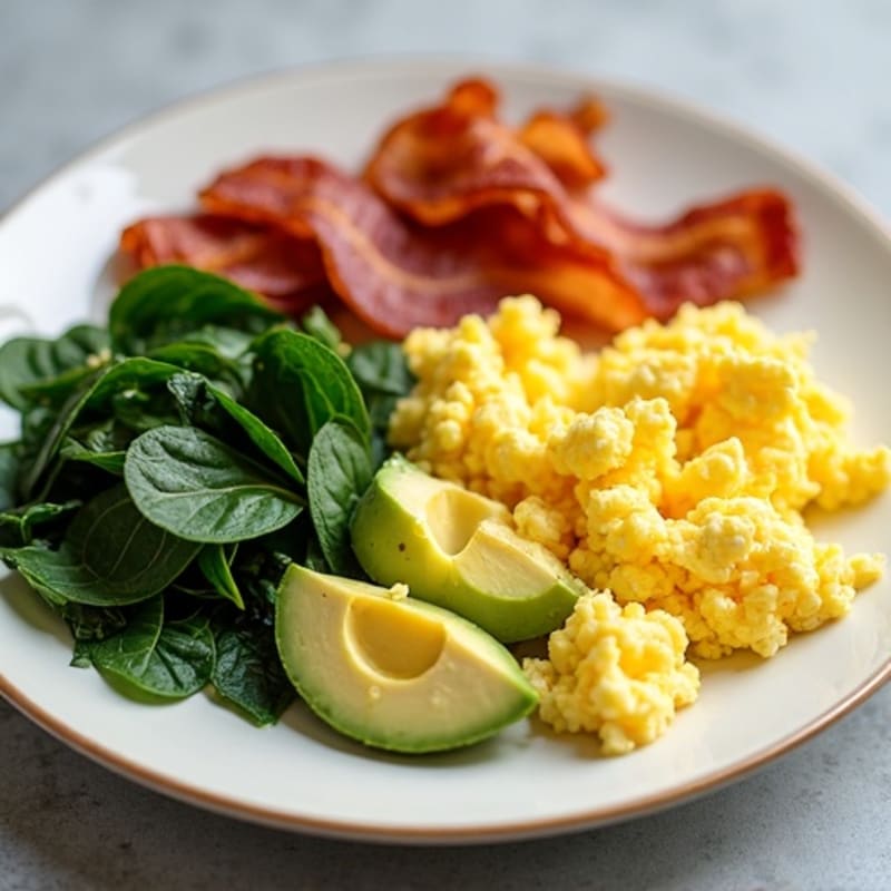 Fluffy Scrambled Eggs with Sautéed Greens and Crispy Turkey Bacon