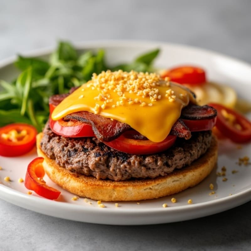 Lean Ground Beef Cheeseburger Skillet with Crispy Bacon and Sautéed Vegetables