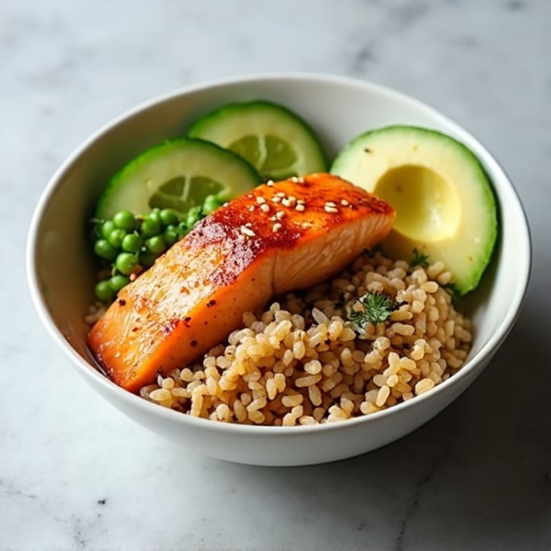 Flaky Sesame Salmon Rice Bowl with Fresh Cucumber and Avocado