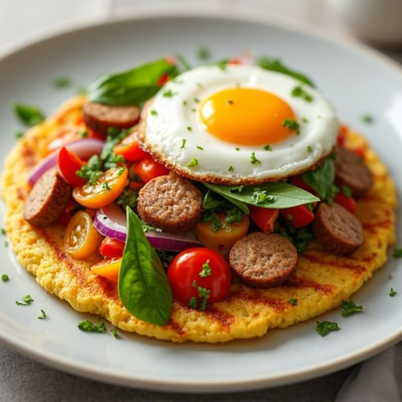 Grilled Corn Arepa with Fresh Veggie Scramble