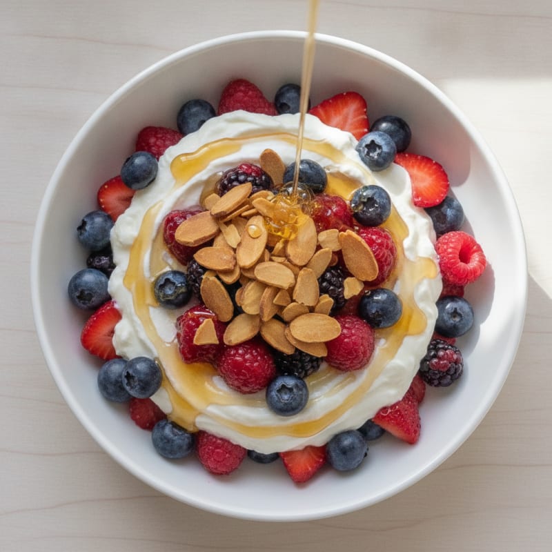 Greek Yogurt Protein Parfait with Mixed Berries and Almonds