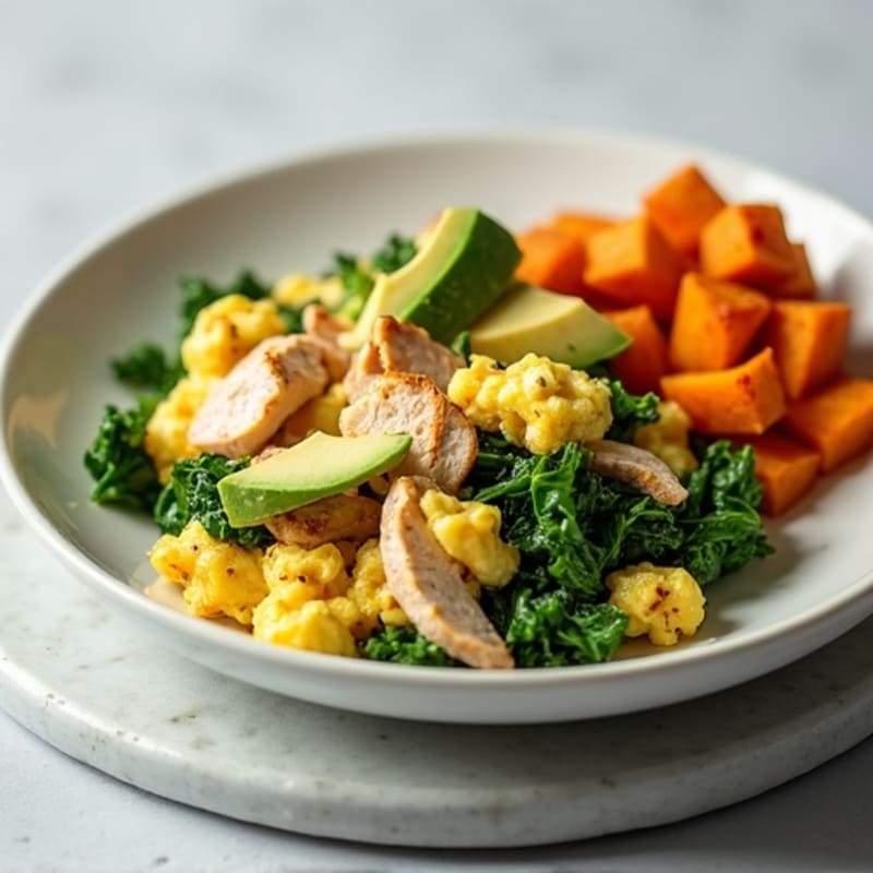 Egg White and Turkey Spinach Scramble with Roasted Sweet Potato
