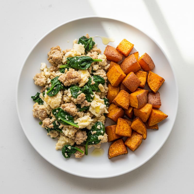 Egg White and Turkey Sausage Scramble with Spinach and Roasted Sweet Potatoes
