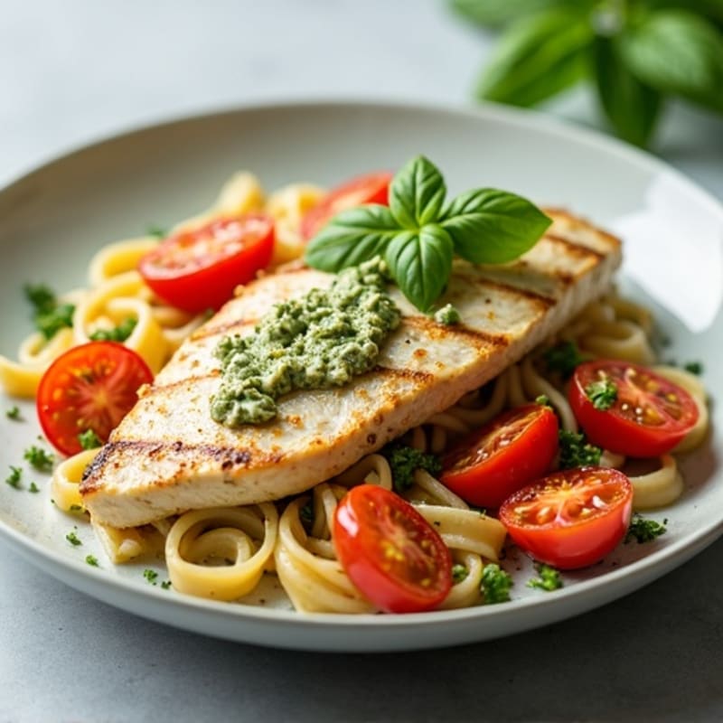 Creamy Pesto Chicken Pasta with Blistered Tomatoes
