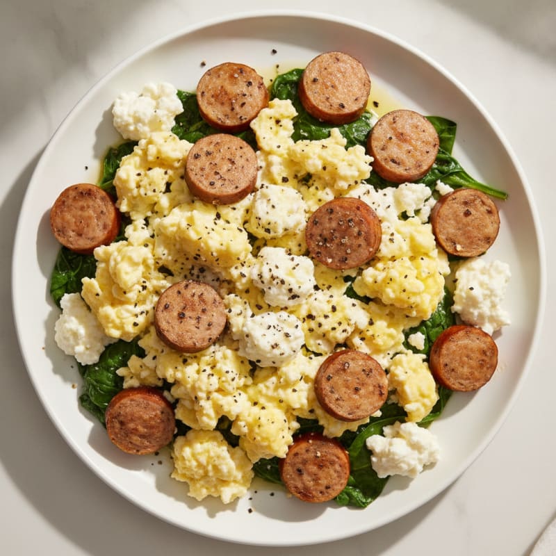 Cottage Cheese Egg Scramble with Turkey Sausage and Spinach