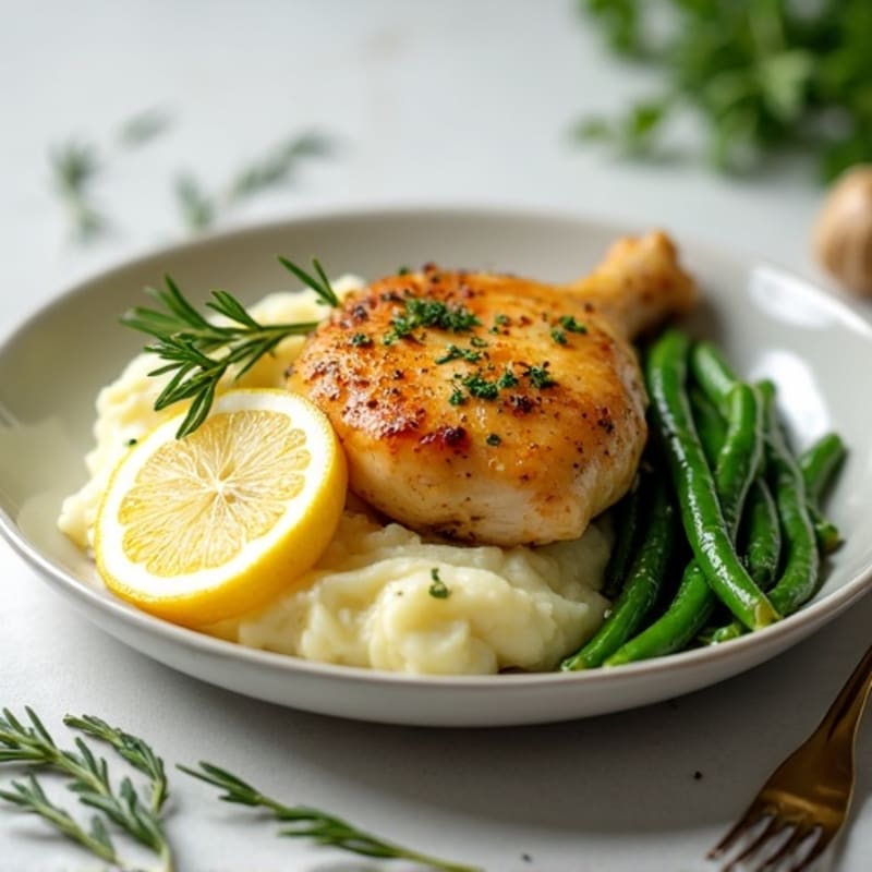 Tender Lemon-Herb Roasted Chicken with Creamy Garlic Mashed Potatoes and Roasted Green Beans