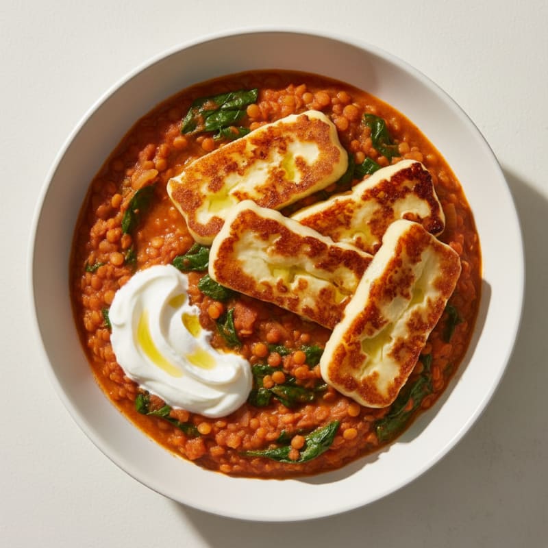 Creamy Lentil and Spinach Stew with Grilled Halloumi