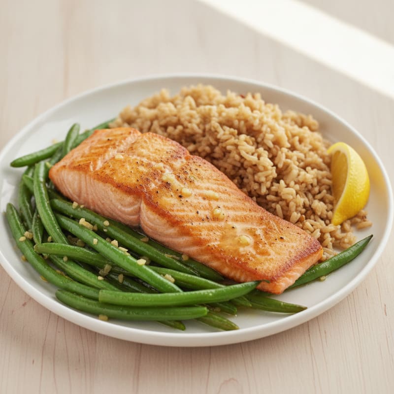 Seared Salmon with Garlic Green Beans and Brown Rice