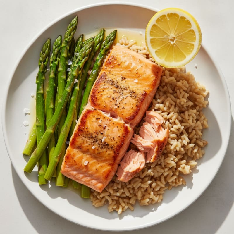 Pan-Seared Salmon with Steamed Asparagus and Brown Rice