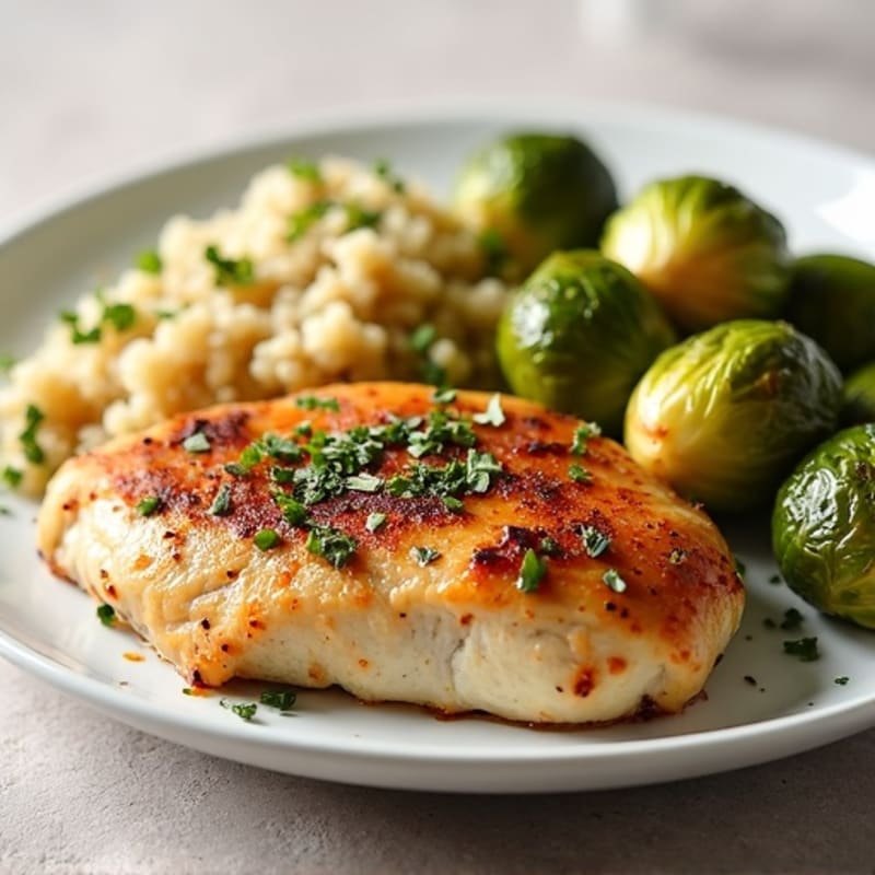 Herb-Roasted Chicken Breast with Crispy Brussels Sprouts and Quinoa