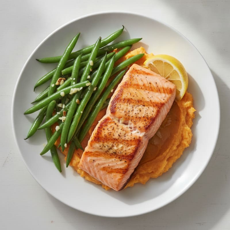 Seared Salmon with Garlic Green Beans and Sweet Potato Mash