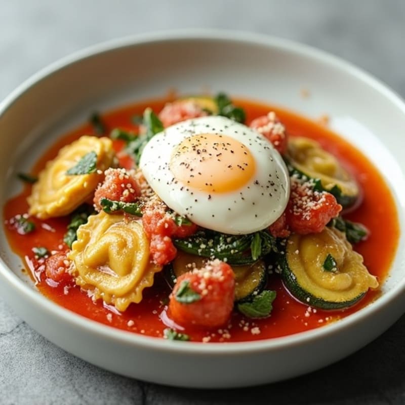 Spinach Ravioli with Fresh Tomato Basil Sauce and Roasted Zucchini