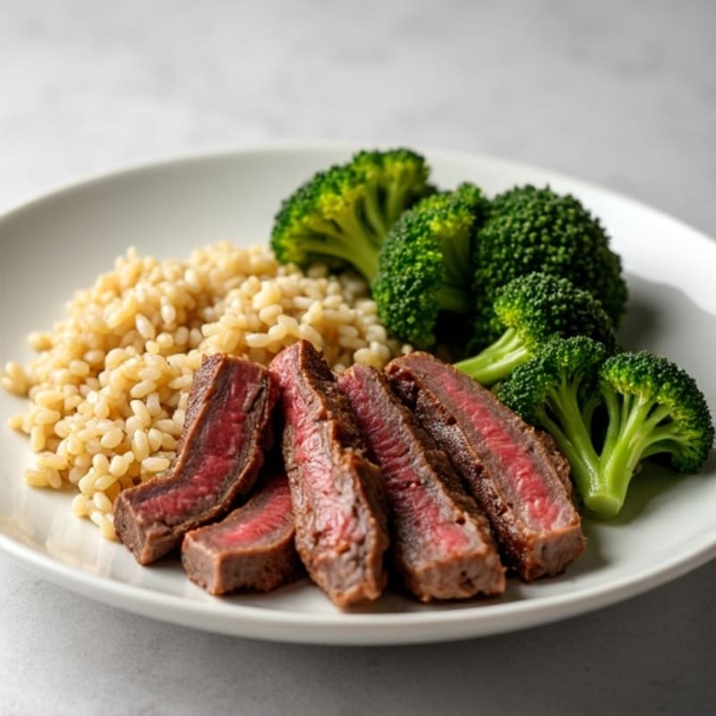 Tender Beef and Crispy Broccoli with Steamed Brown Rice