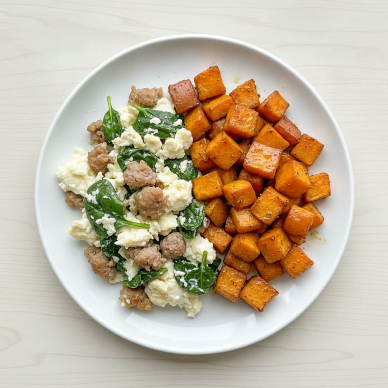 Egg White and Turkey Sausage Scramble with Roasted Sweet Potatoes