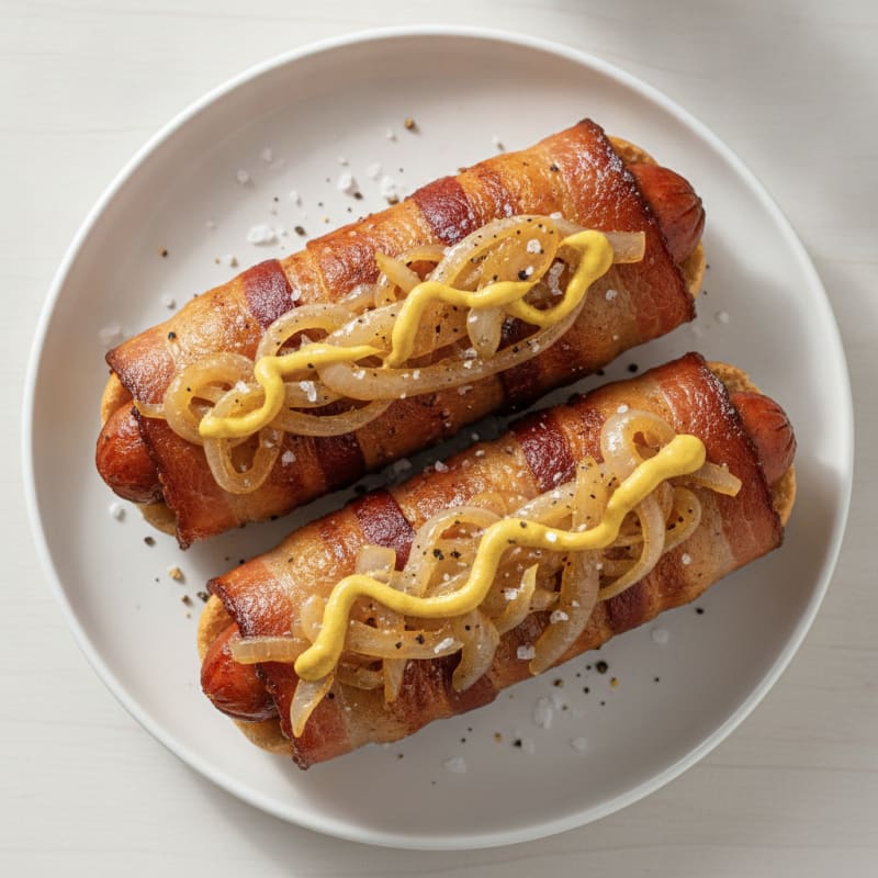 Bacon-Wrapped Hot Dogs with Grilled Onions