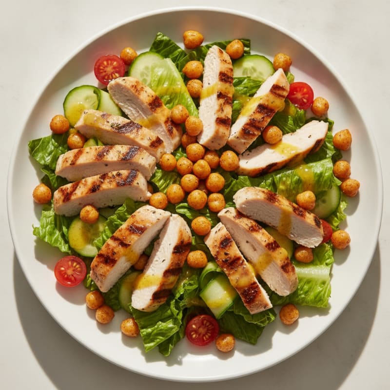 Grilled Chicken Breast Salad with Crisp Romaine and Roasted Chickpeas