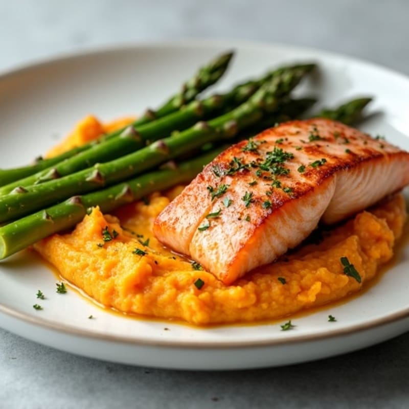 Seared Salmon with Roasted Asparagus and Sweet Potato Mash