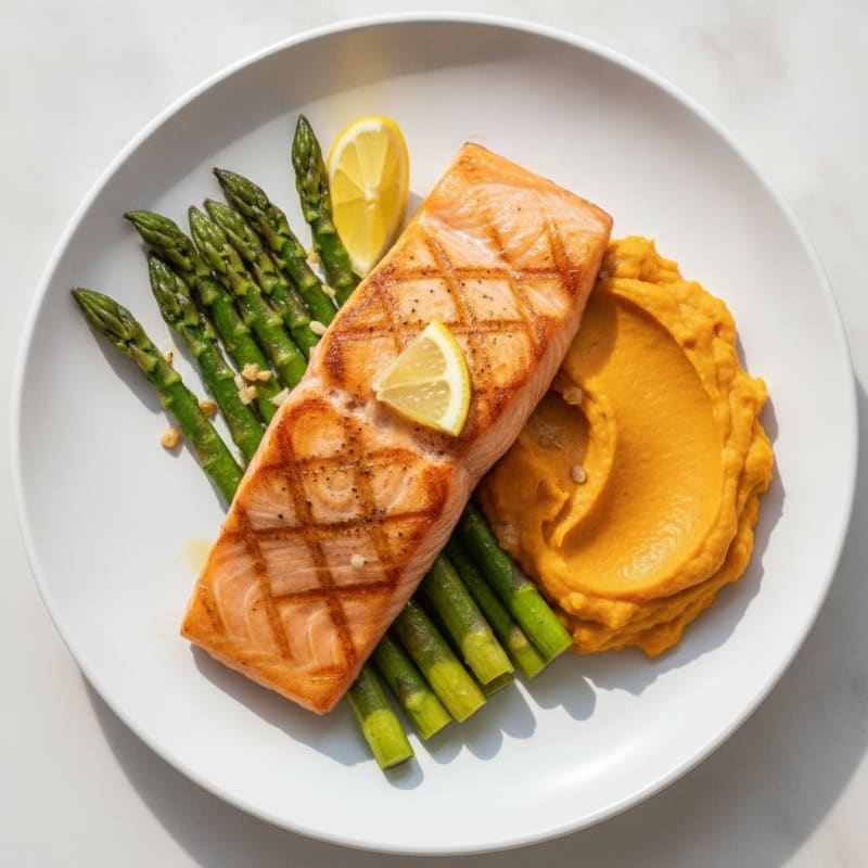 Seared Salmon Fillet with Roasted Asparagus and Sweet Potato Mash