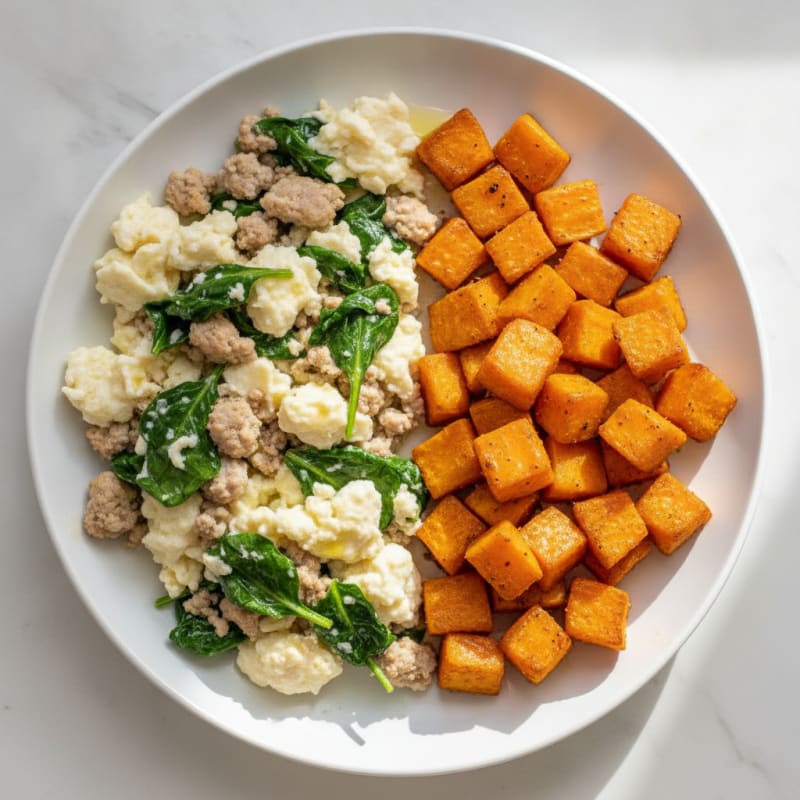 Egg White and Turkey Spinach Scramble with Roasted Sweet Potato