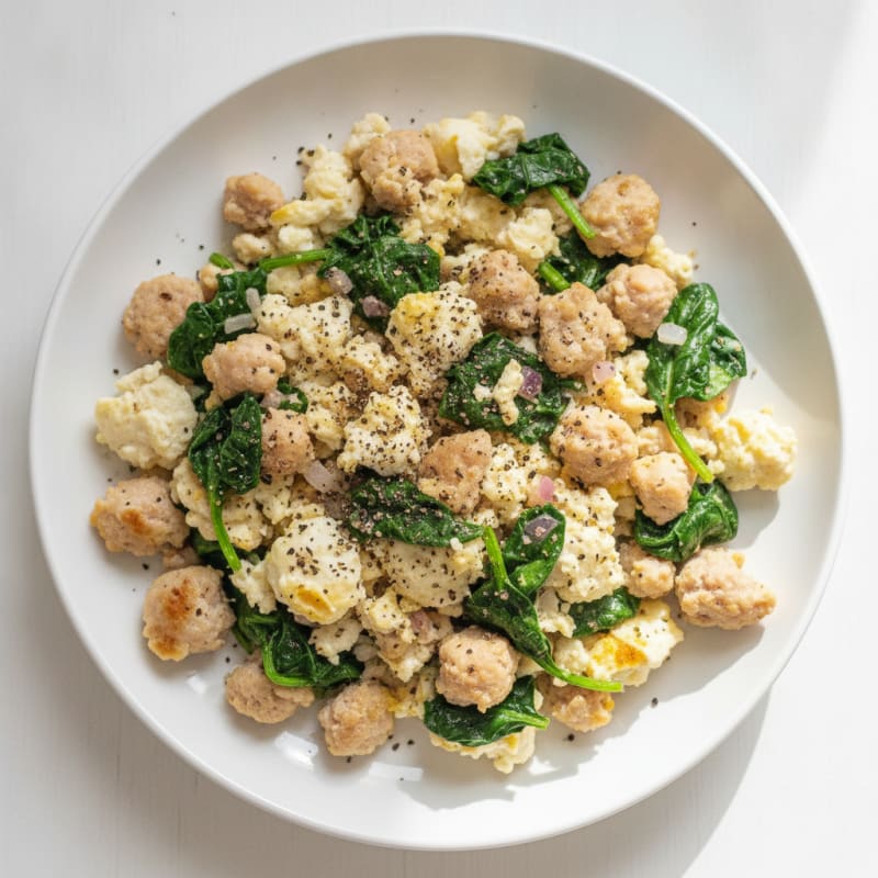 Egg White and Turkey Sausage Scramble with Sautéed Spinach