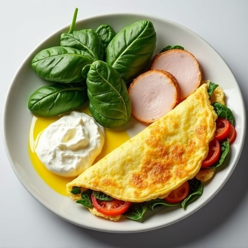 Egg White Spinach Omelette with Cottage Cheese and Sliced Turkey