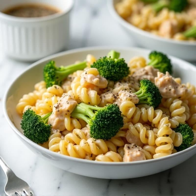 Lighter Creamy Garlic Chicken Pasta with Broccoli