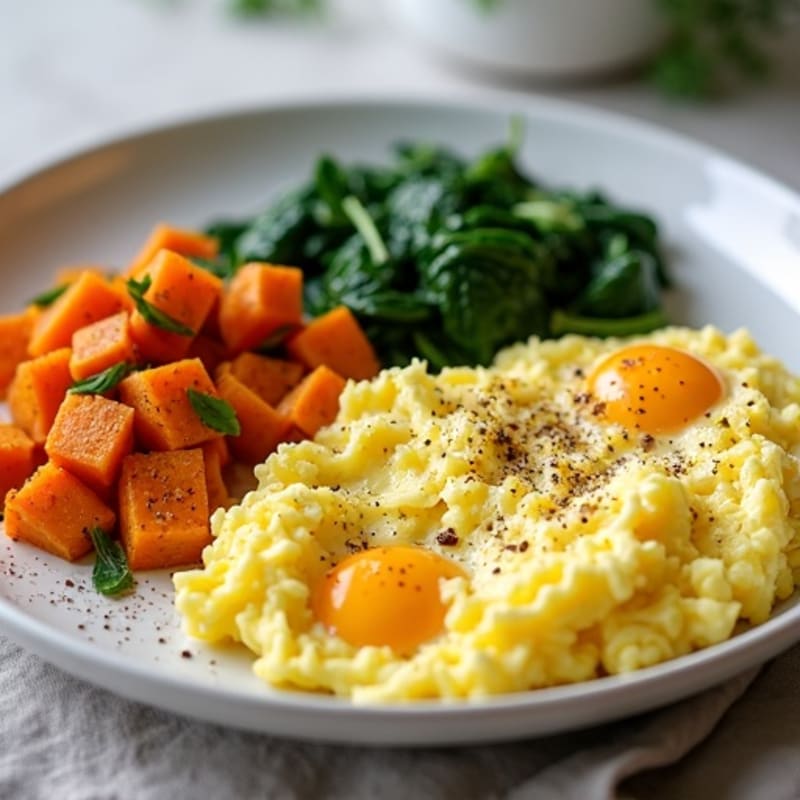 Protein-Packed Scrambled Eggs with Sautéed Spinach and Crispy Sweet Potato Hash