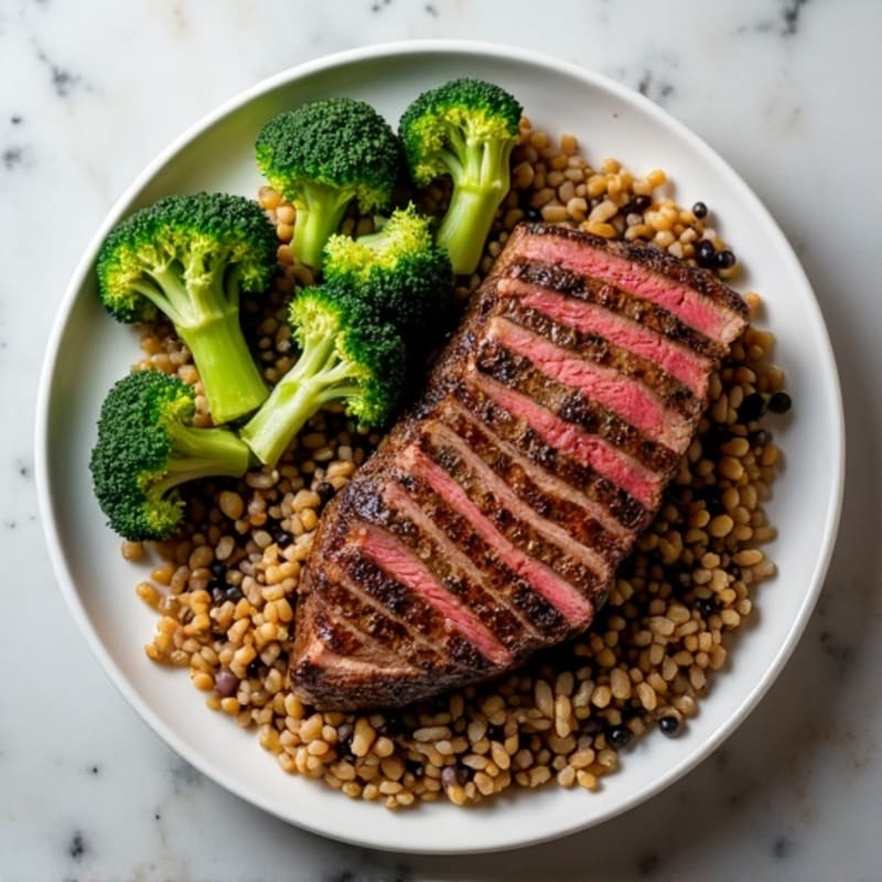 Tender Pan-Seared Steak with Brown Rice, Lentils, and Crispy Roasted Broccoli