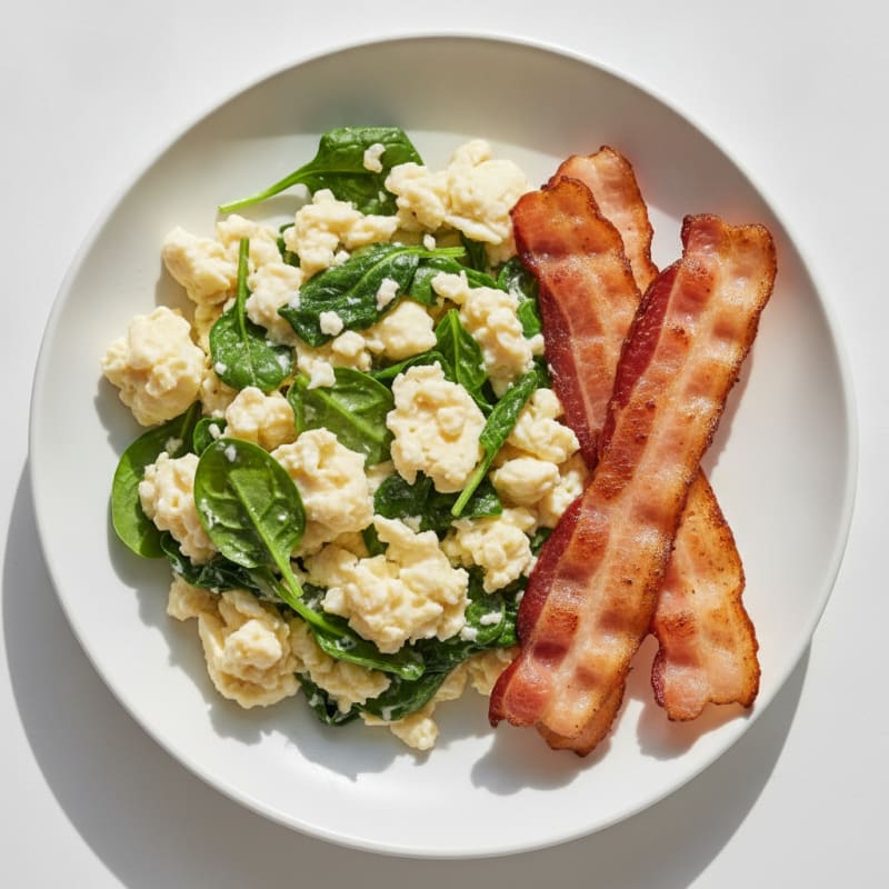 Egg White Spinach Scramble with Grilled Turkey Bacon