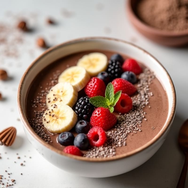 Creamy Chocolate Protein Smoothie Bowl with Fresh Berries and Chia Seeds