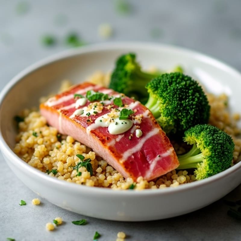 Seared Ahi Tuna with Roasted Broccoli, Quinoa & Creamy Wasabi Drizzle