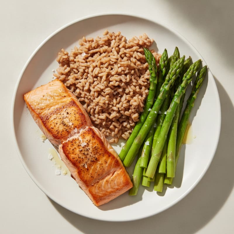 Seared Salmon with Steamed Asparagus and Brown Rice