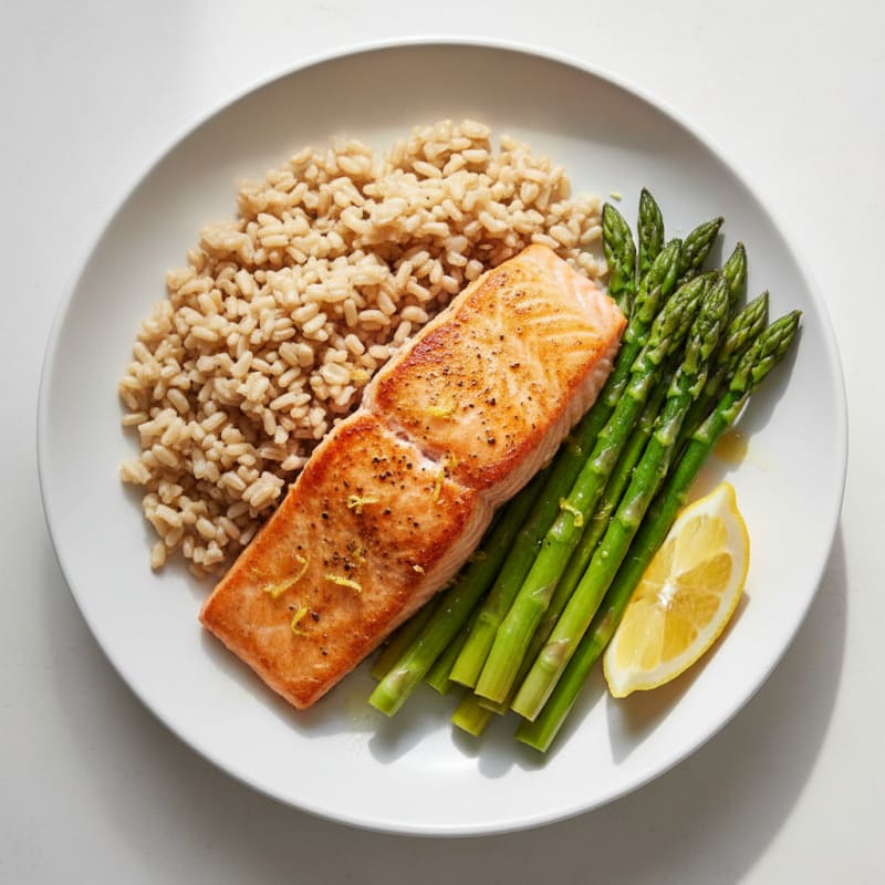 Seared Salmon with Steamed Asparagus and Brown Rice