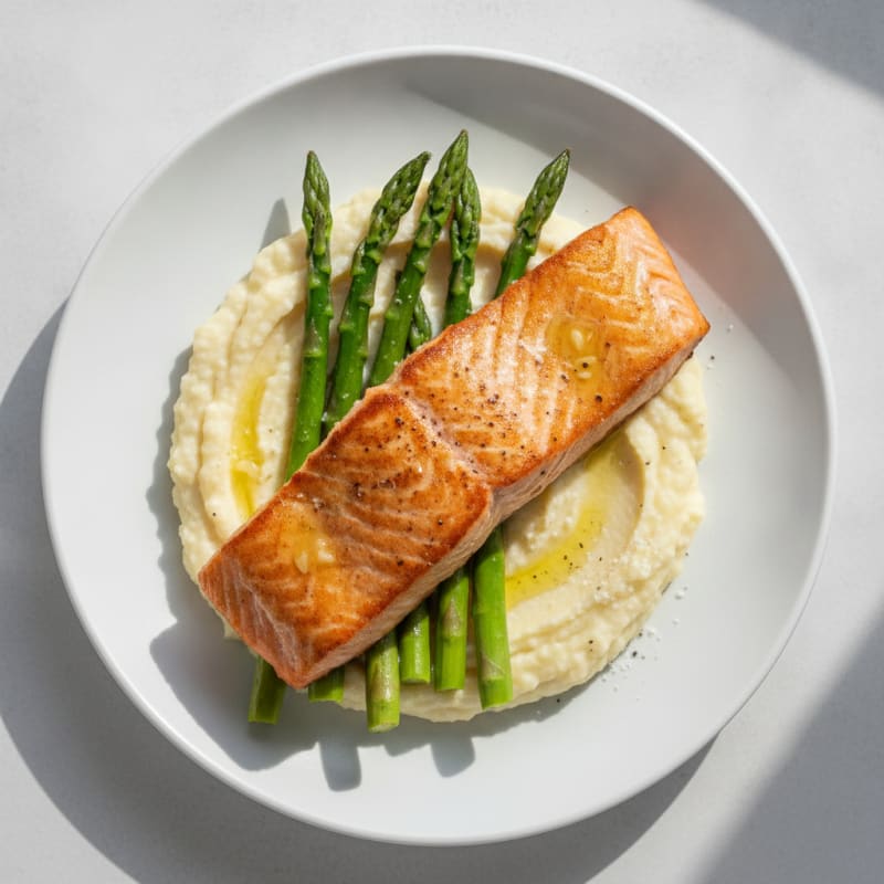Seared Salmon Fillet with Steamed Asparagus and Cauliflower Mash