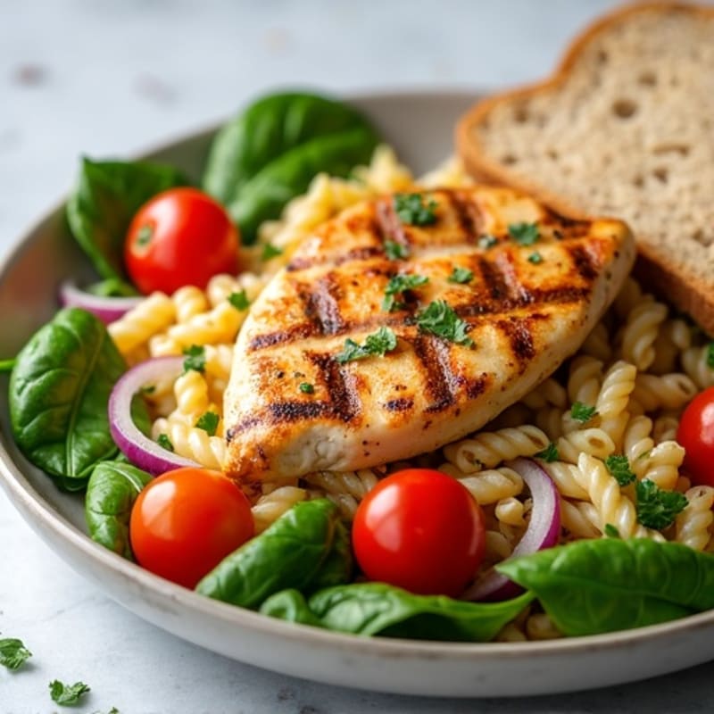 Grilled Chicken Pasta Salad with Spinach and Cherry Tomatoes